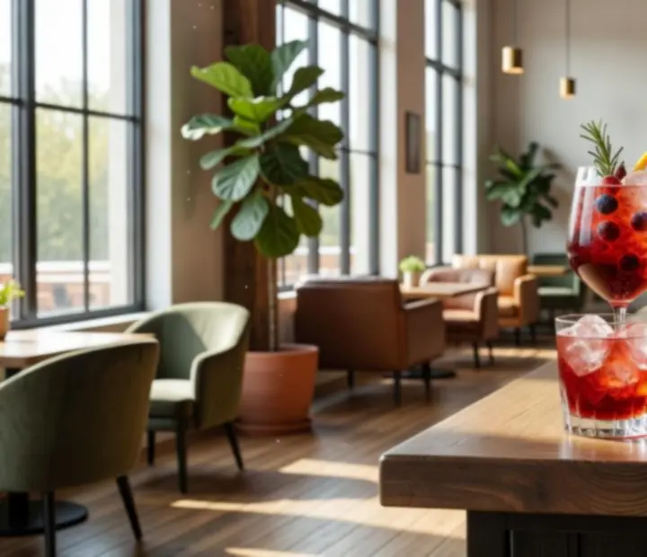 Cocktails signature colorés présentés au bar d'un loft lumineux