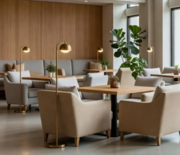 Espace bar lumineux avec matériaux naturels et ambiance chaleureuse