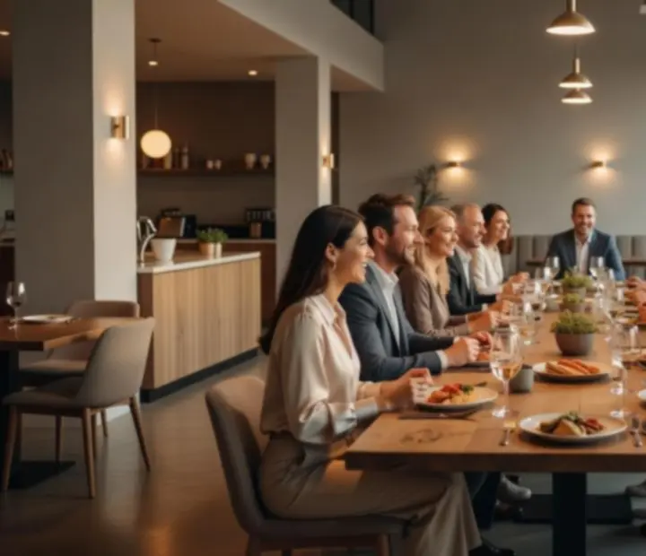 Grand dîner de groupe dans un loft à la lumière douce