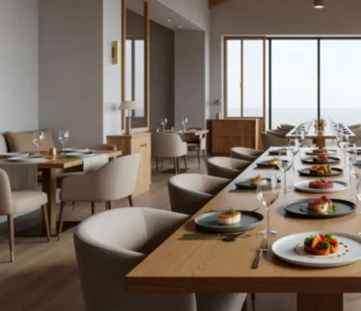 Plats signatures modernes présentés sur une table en bois clair