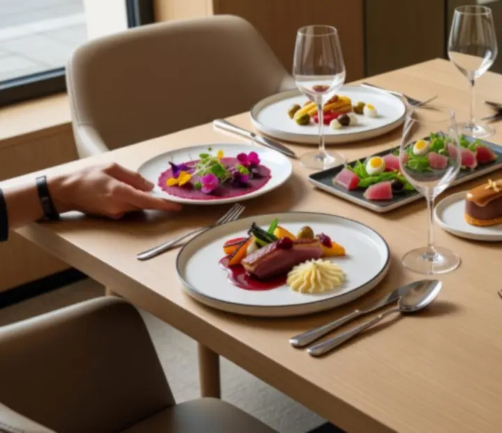 Plats signatures contemporains dressés sur une grande table en bois