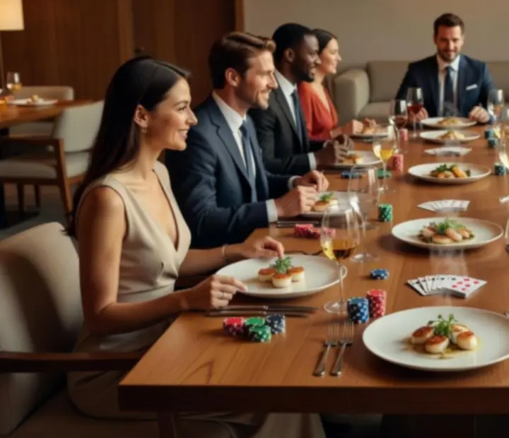 Table de poker entourée d'assiettes raffinées et de verres de vin chez Talek Qevon