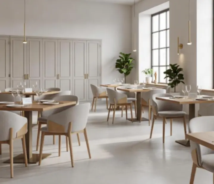 Ambiance lumineuse du loft Talek Qevon avec grandes baies vitrées et tables élégantes.