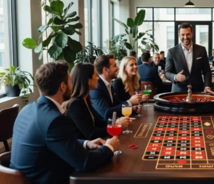 Animation de soirée roulette avec invités, lumière douce et service en salle