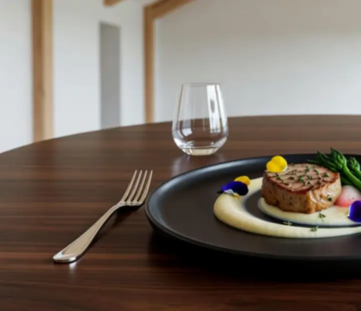 Plat signature contemporain dressé sur une table élégante du restaurant Talek Qevon.