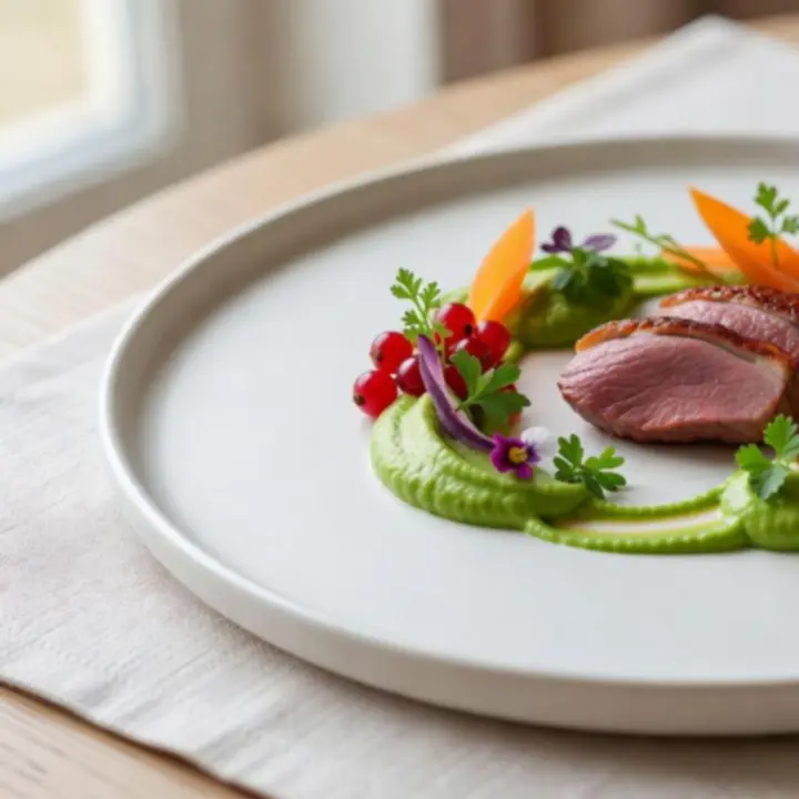 Plat signature du restaurant Talek Qevon dans un dressage contemporain